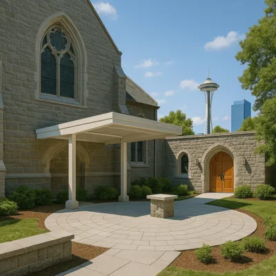 Seattle Religious Courtyard Construction — Pavers, Seating & Lighting