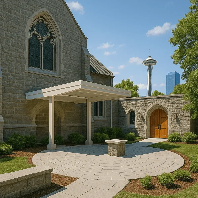 Seattle Religious Courtyard Construction — Pavers, Seating & Lighting