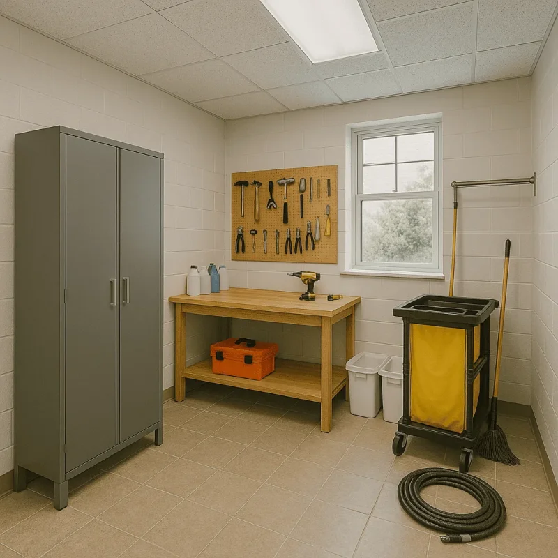 Seattle Hotel Maintenance Rooms — MEP, Workbenches, Sinks & Chemical Storage